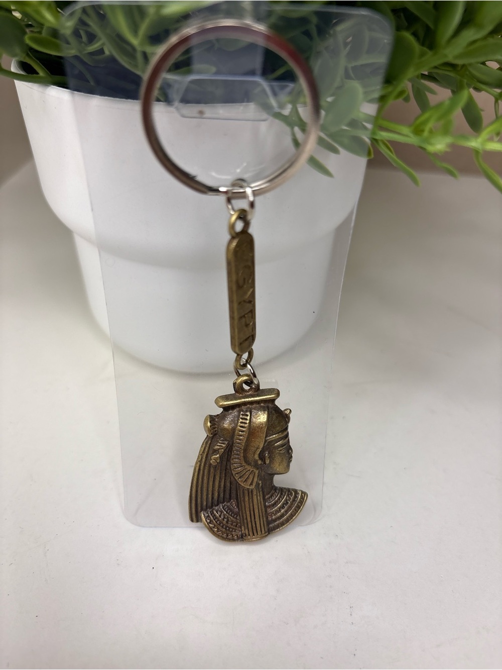 Vintage Cleopatra Egypt Bronze Tone Hieroglyphic Souvenir Keychain
